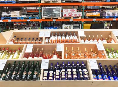 bottles of costco wine on shelves