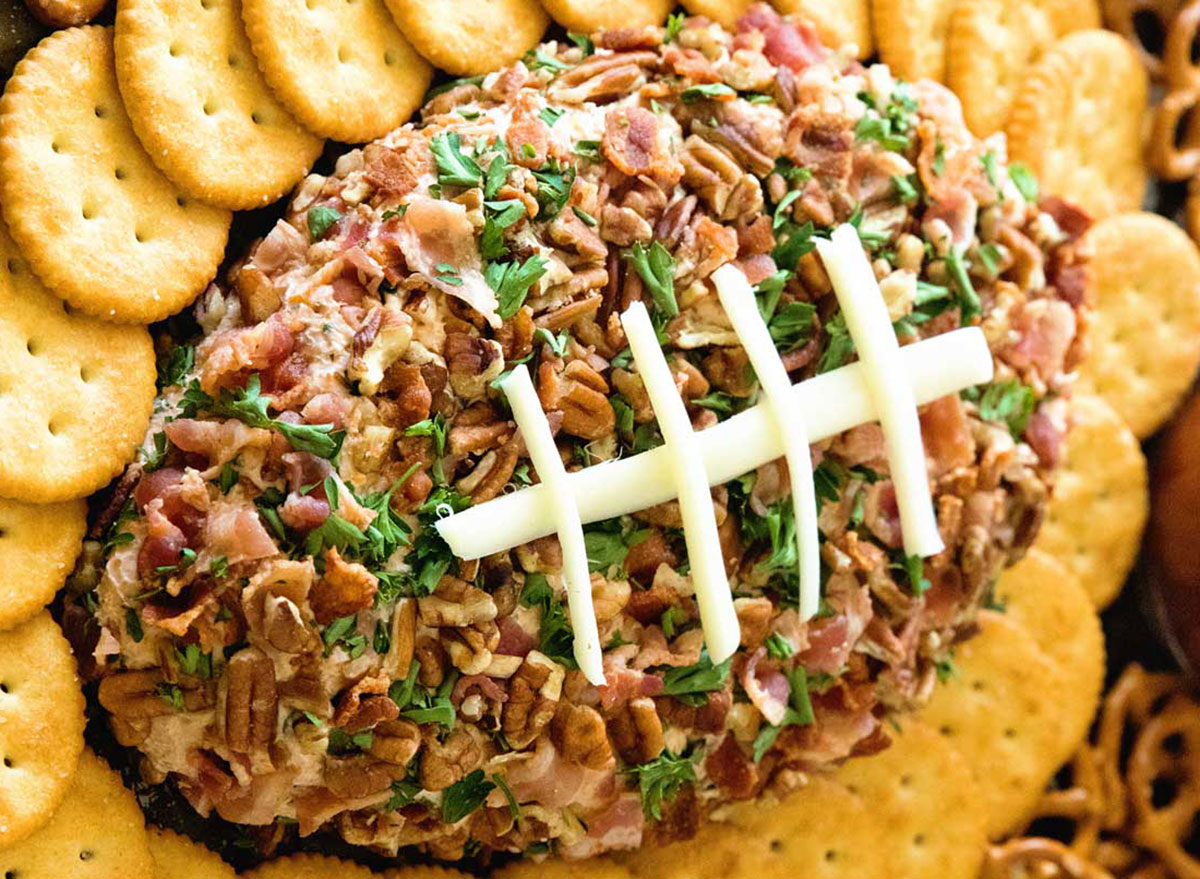 football shaped cheese ball with crackers