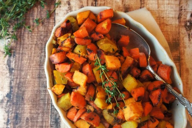 Grapefruit thyme glazed root veggies