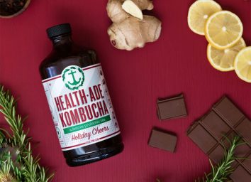 Health-Ade Holiday Cheers Kombucha bottle with chocolates