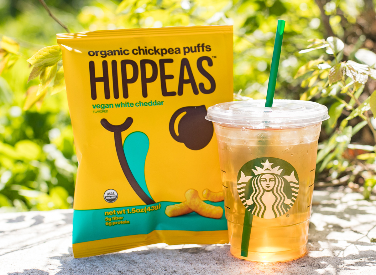 Hippeas puffs and starbucks drink