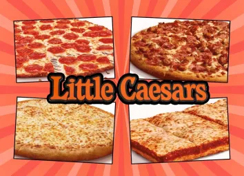 photos of pizza from Little Caesar's on a red background