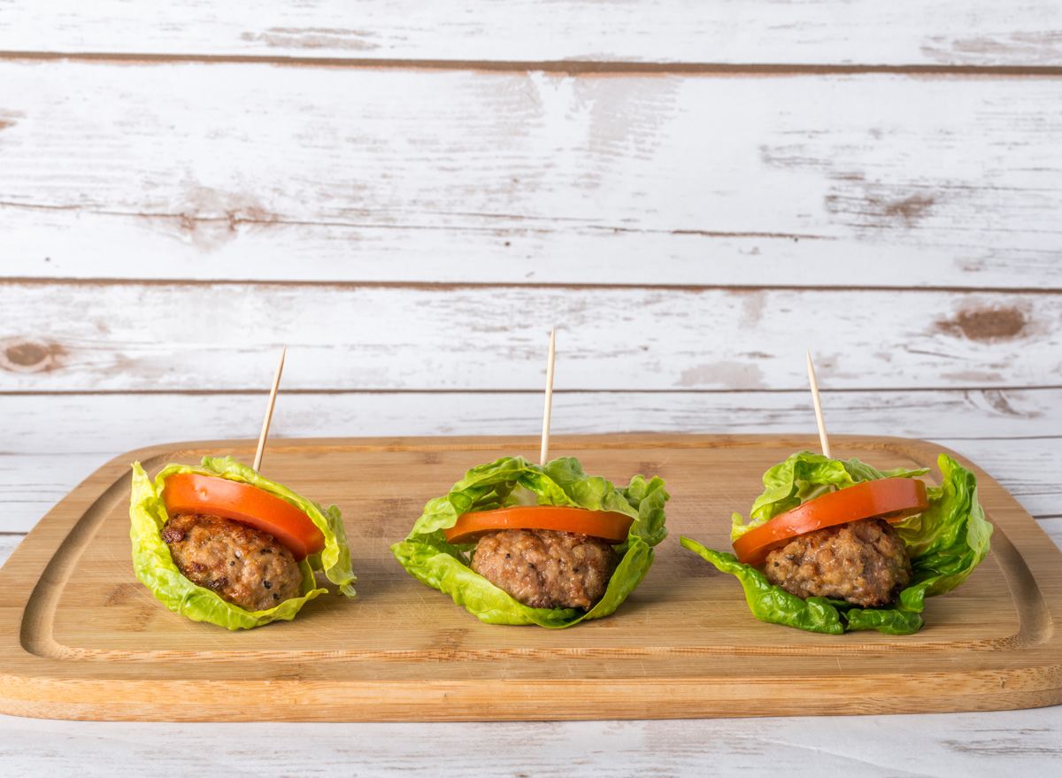 Low carb bunless burger with lettuce wrap