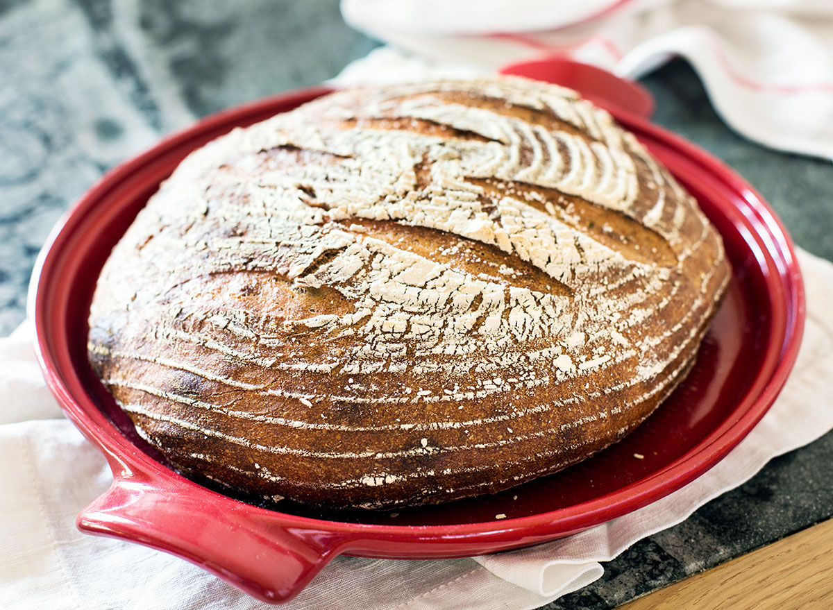 Organic sourdough bread in Dutch oven