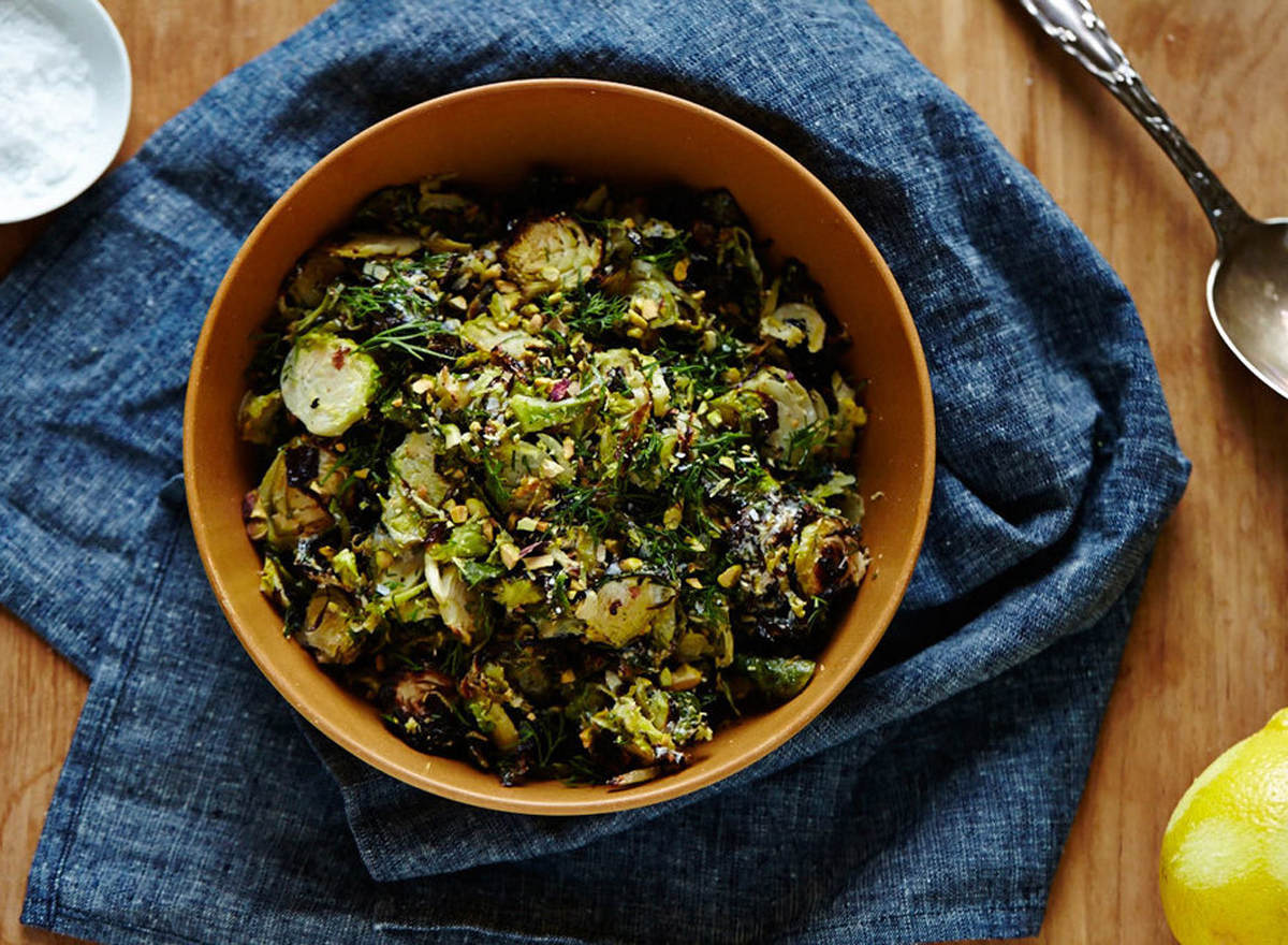 Roasted brussels sproutes creme fraiche lemon dill crusted pistachios