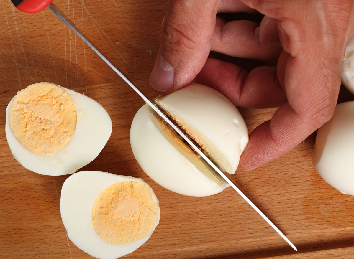 Slice hard boiled eggs