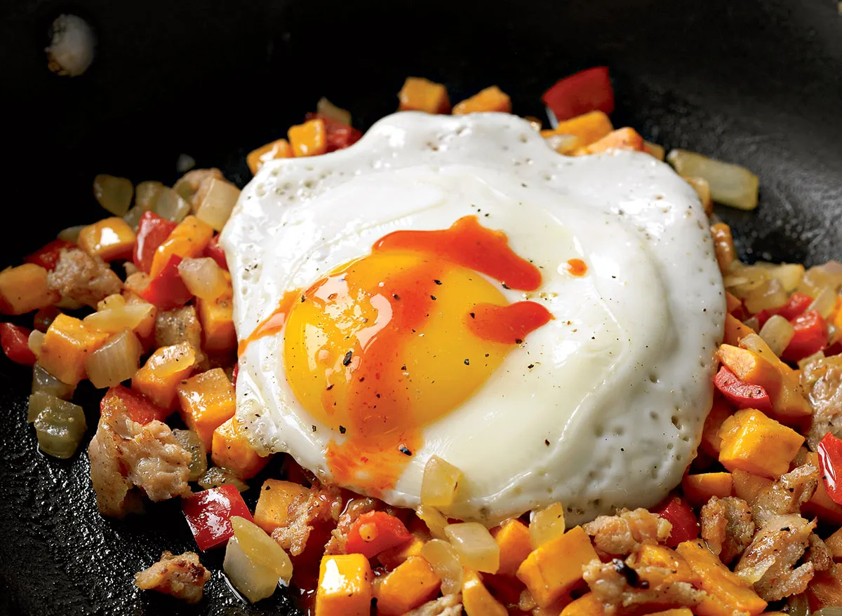 Breakfast hash with sweet potato and chicken sausage