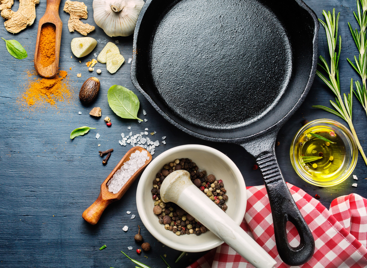 Cast iron skillet with herbs and spices