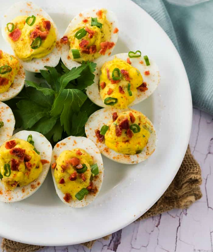 Classic deviled eggs with bacon