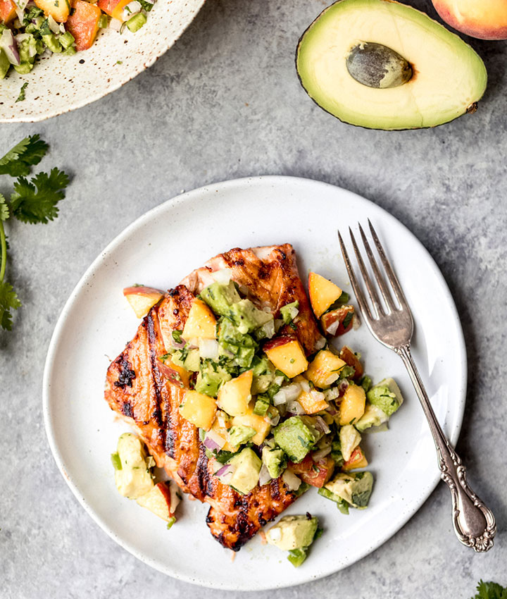 Firecracker salmon with peach avocado salsa