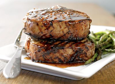 Healthy pork chop with balsamic honey glaze