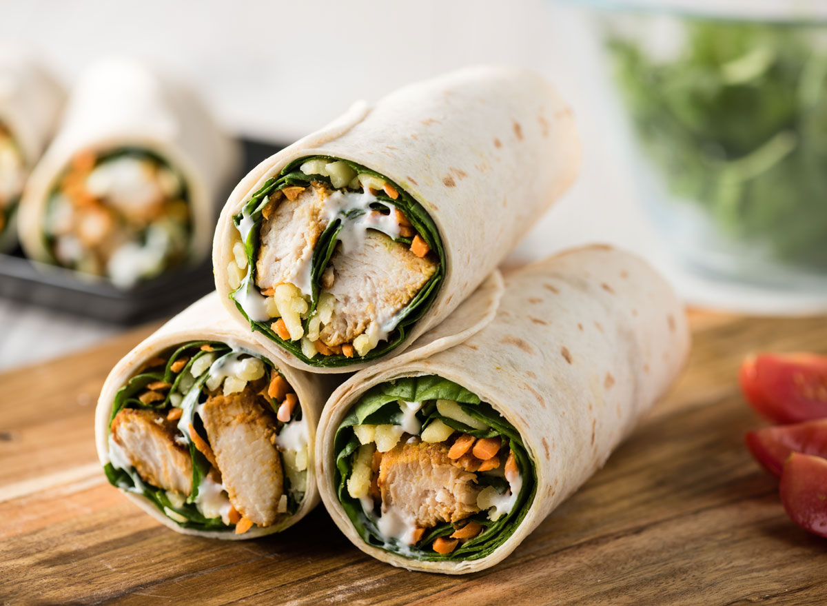 healthy chicken wrap in wheat flour tortilla