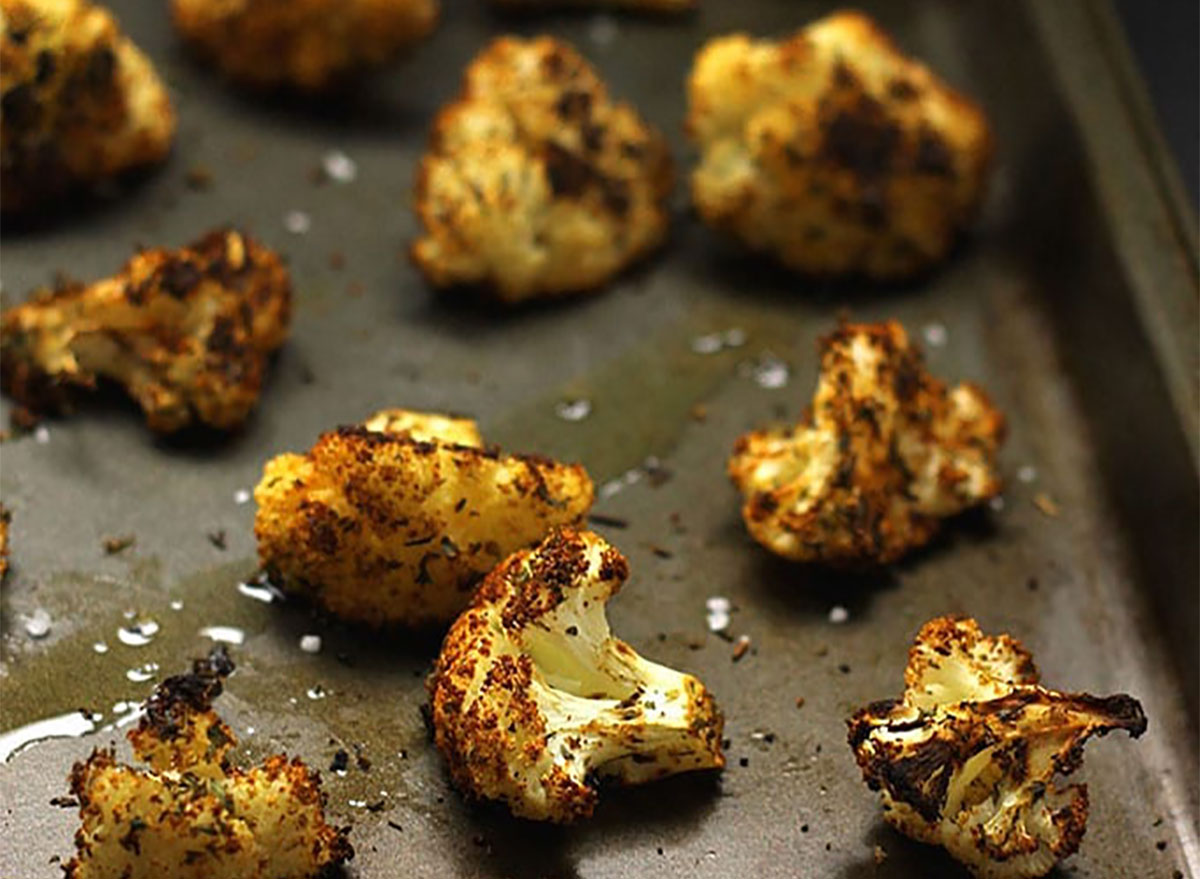 roasted cauliflower florets on baking sheet