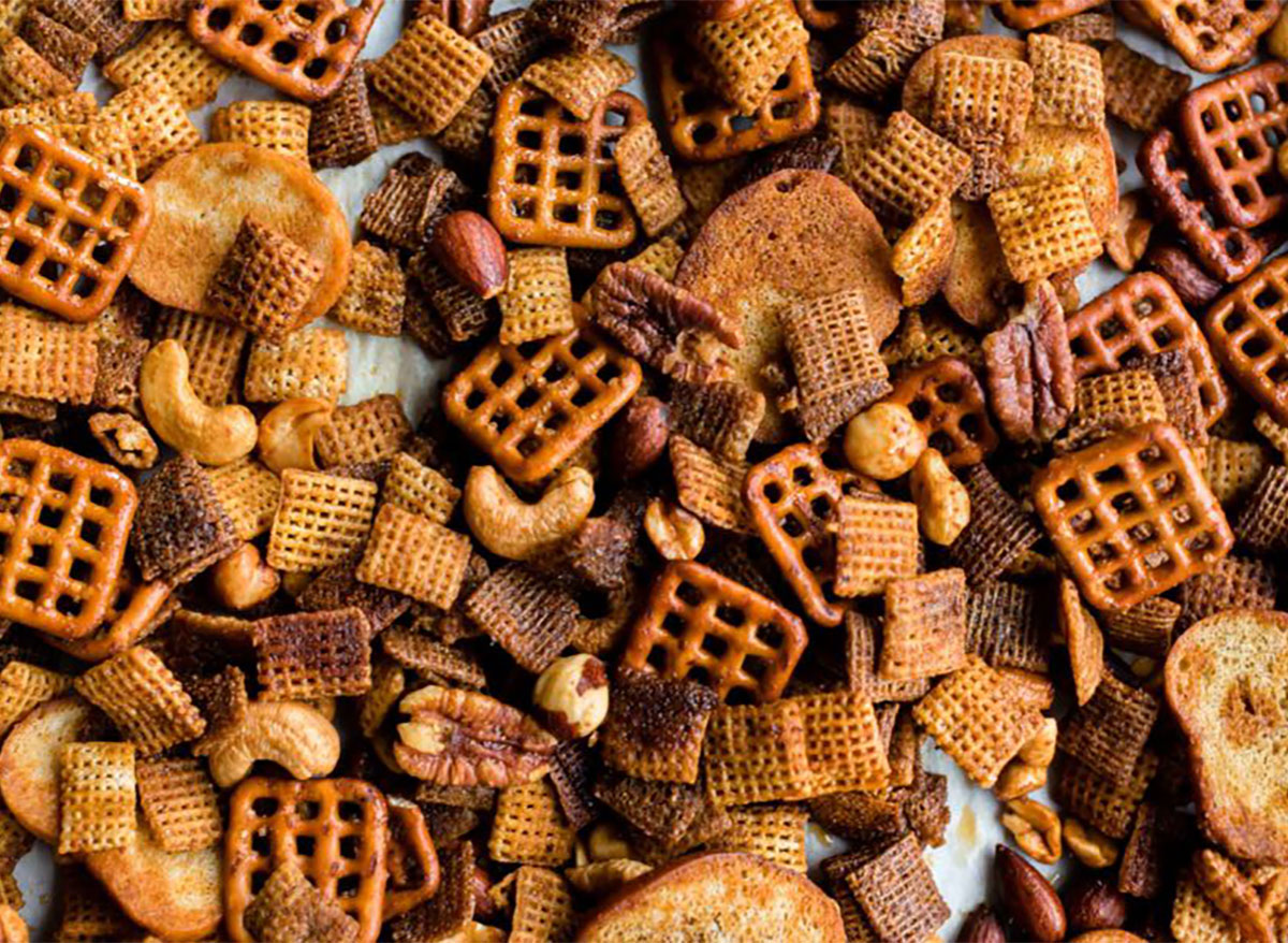 chex mix on baking sheet