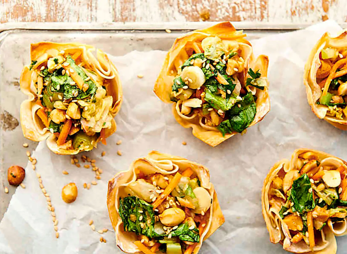 chinese chicken salad wonton cups on baking sheet