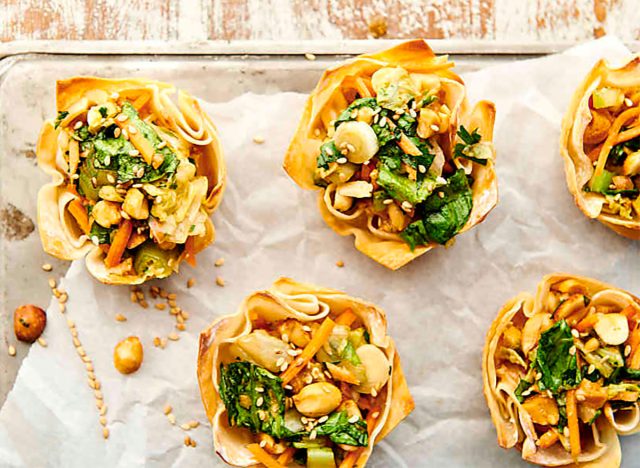 chinese chicken salad wonton cups on baking sheet