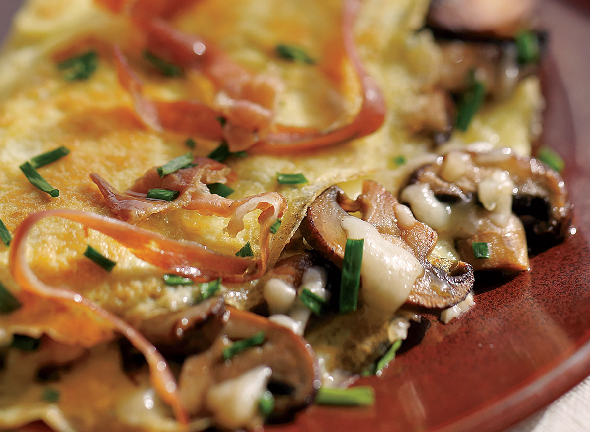 Crispy ham omelette with cheese and mushrooms