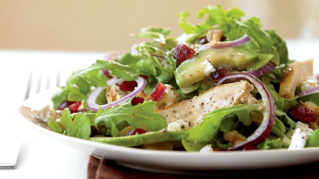 Grilled chicken salad with cranberries avocado and goat cheese