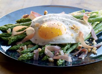 Healthy asparagus with fried eggs and prosciutto