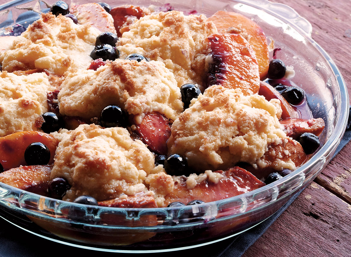 Healthy blueberry-peach cobbler