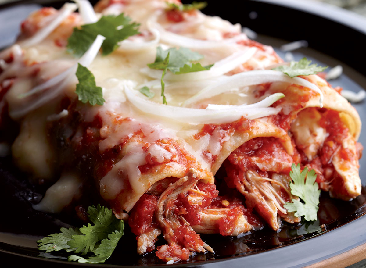 Healthy chicken and red chile enchiladas