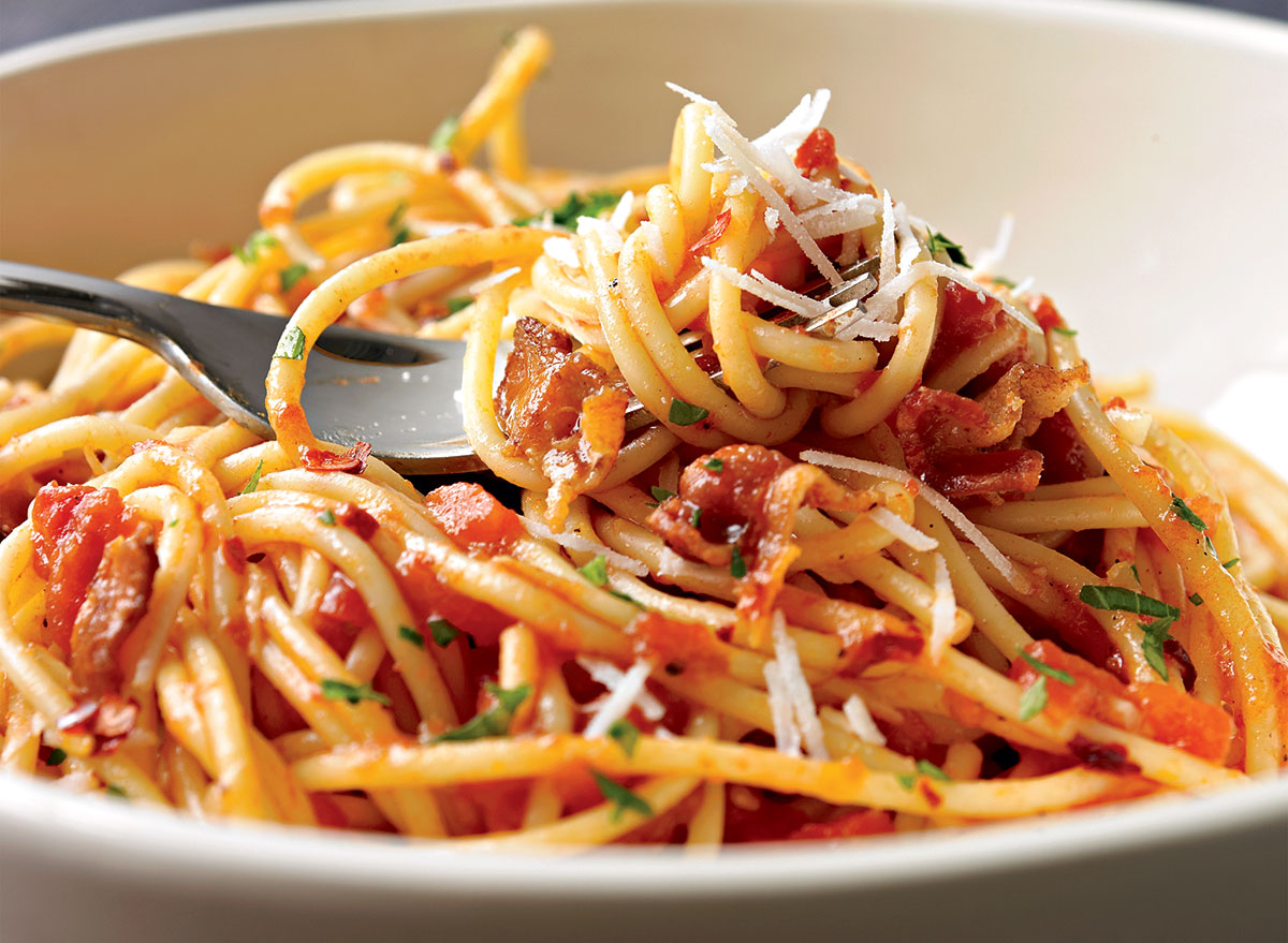 Spaghetti with Spicy Tomato Sauce and Bacon Recipe | Eat This Not That