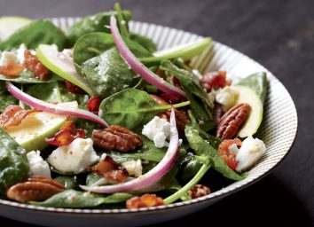 Healthy spinach ￼& goat cheese ￼￼￼salad with apples & warm bacon dressing
