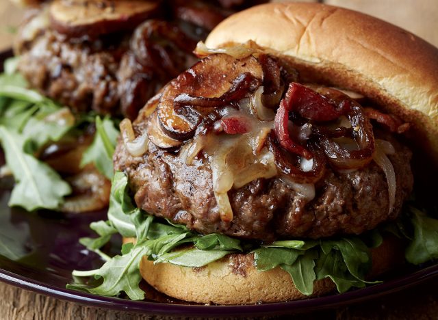 Healthy swiss burger with red wine and mushrooms