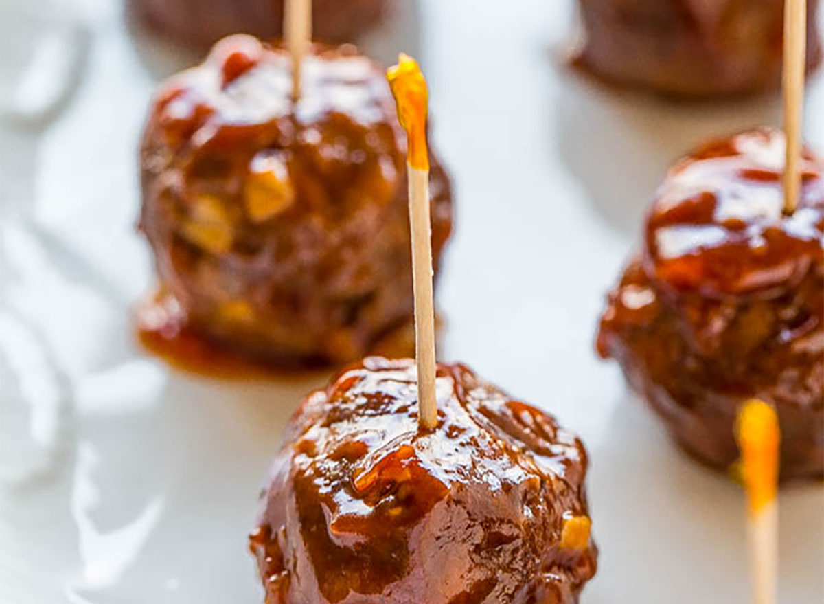 individual honey garlic meatballs on platter with toothpicks