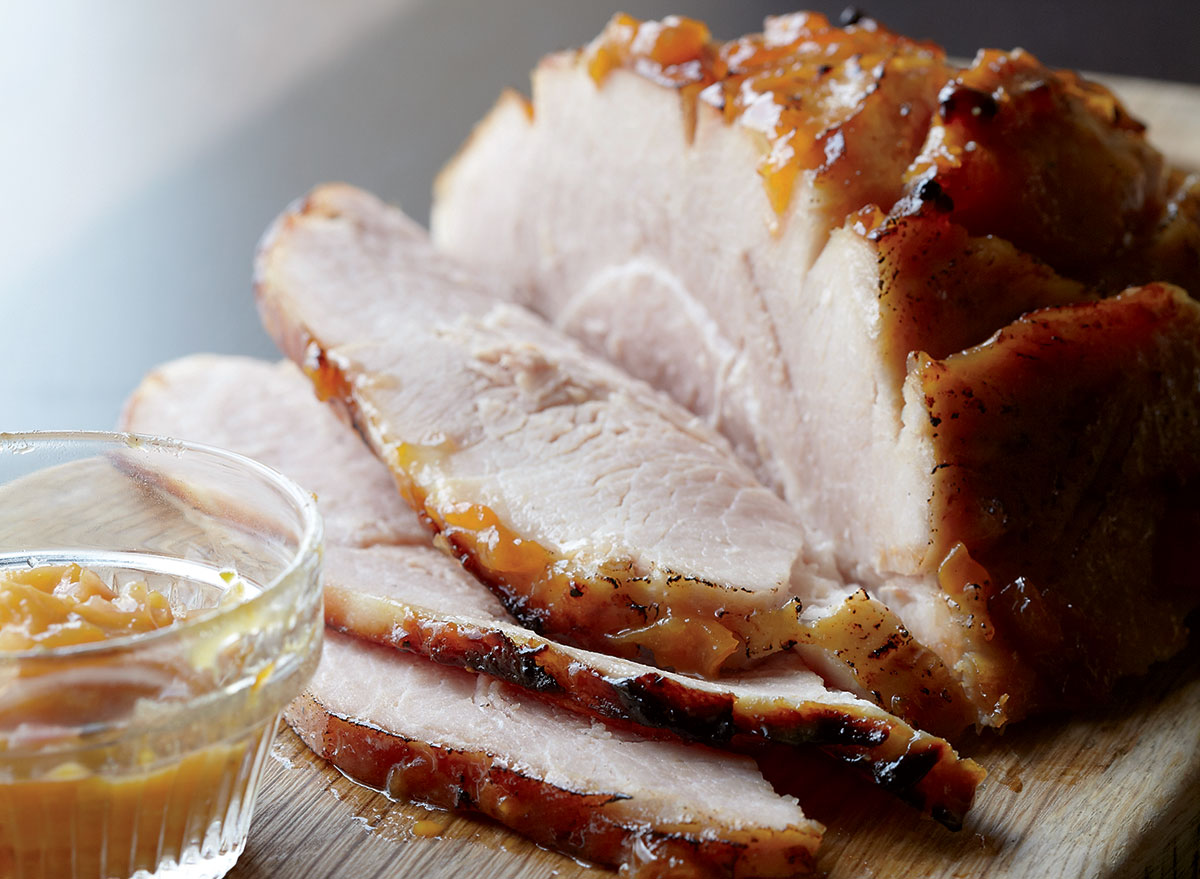 Low-calorie bourbon glazed ham with peach chutney