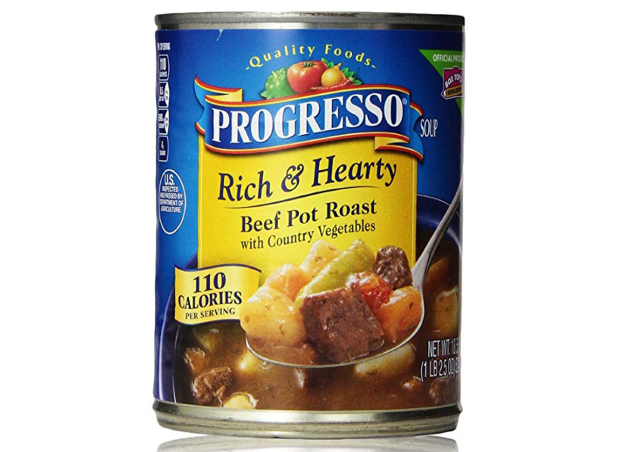 Progress rich and hearty beef pot roast soup can