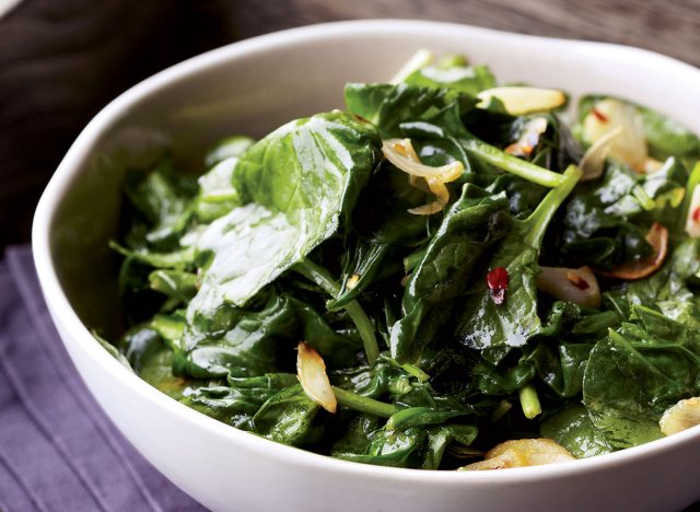 Vegan garlic lemon spinach in a bowl