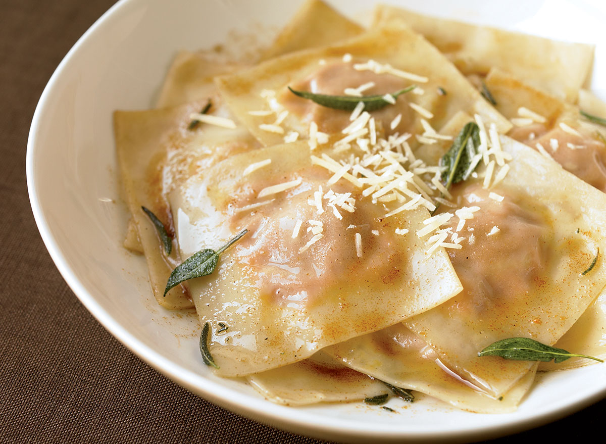 Vegetarian walnut ravioli with sage and brown butter