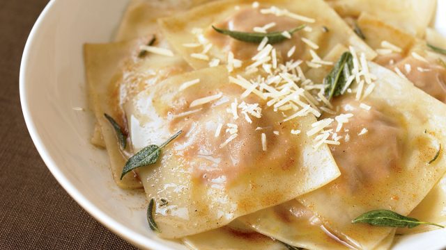 Vegetarian butternut ravioli with sage and brown butter