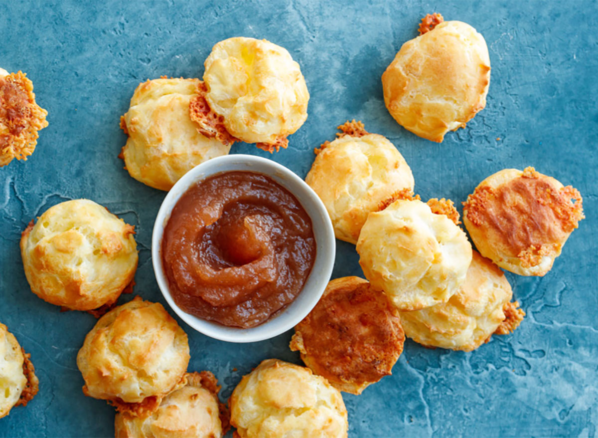 white cheddar gougeres with dipping sauce