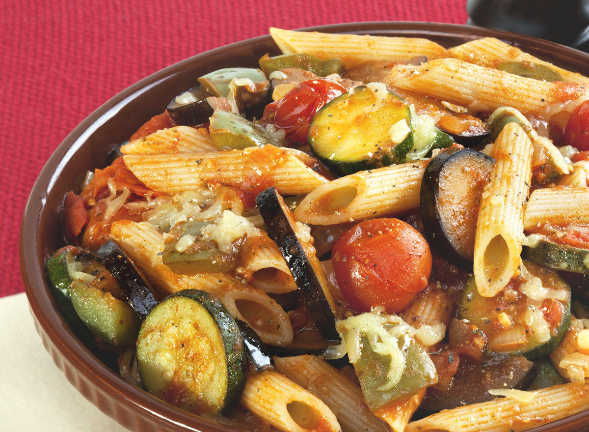 Chickpea pasta ratatouille zucchini cherry tomatoes eggplant