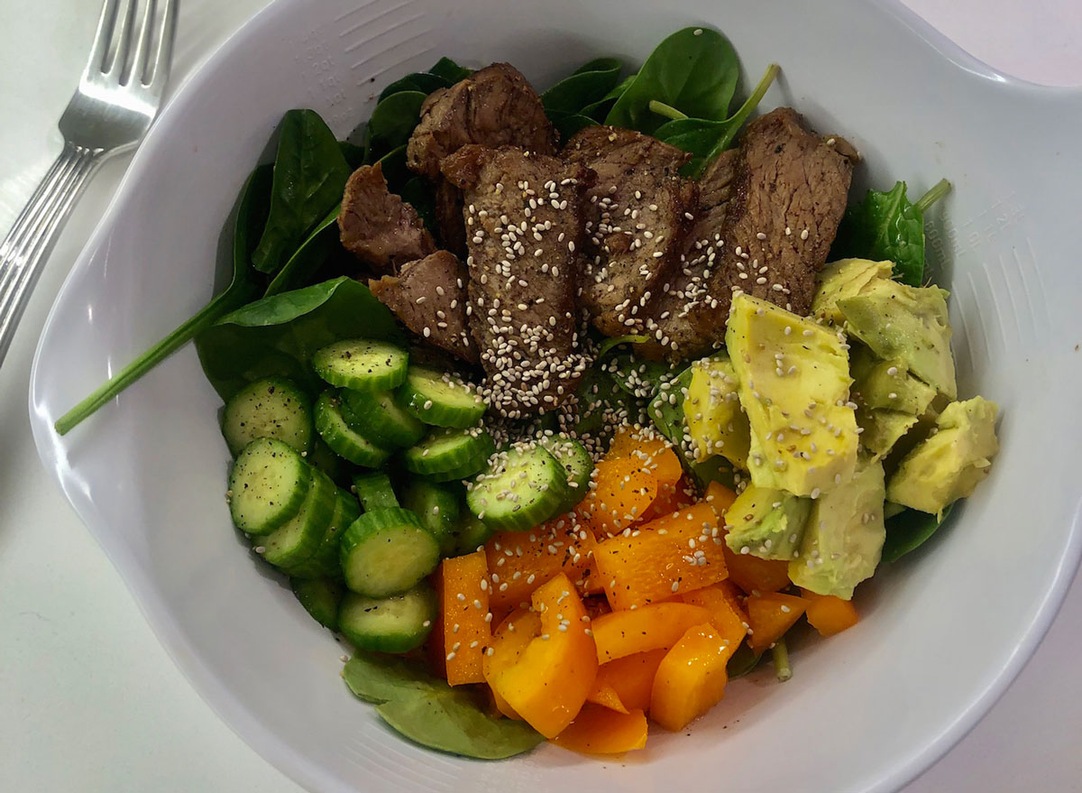 Spinach cucumbers orange peppers and grass-fed steak by keri glassman