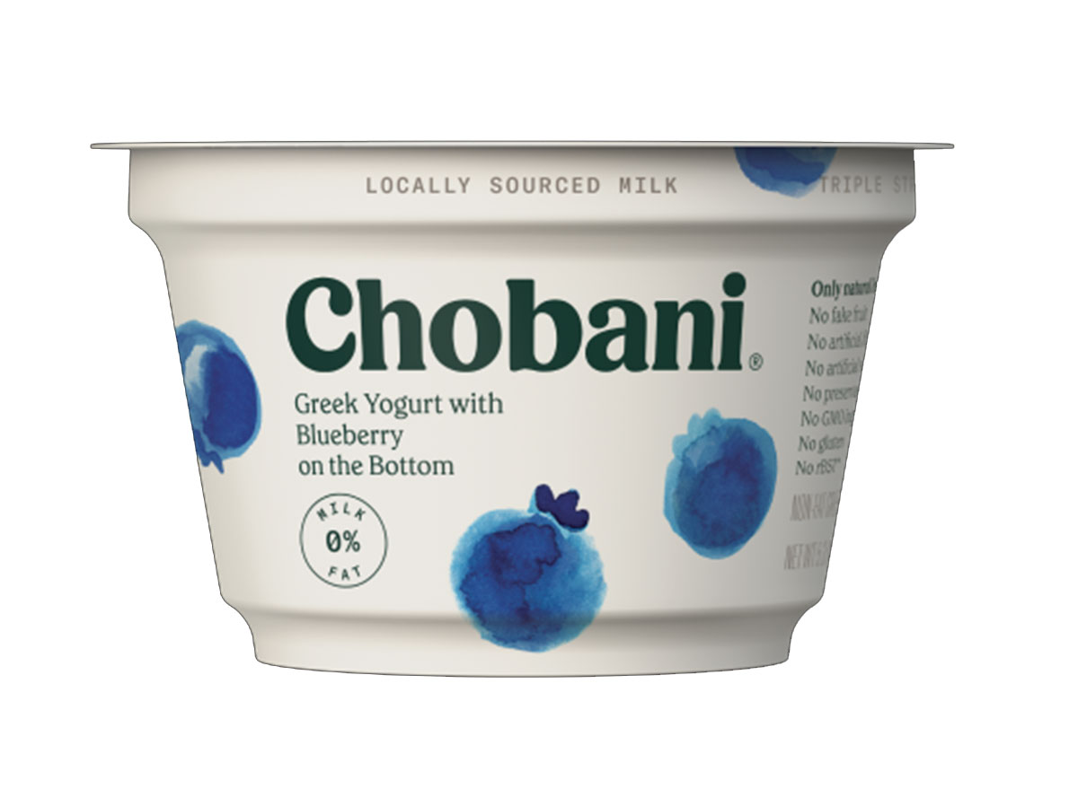 Chobani greek yogurt with blueberry on the bottom yogurt cup