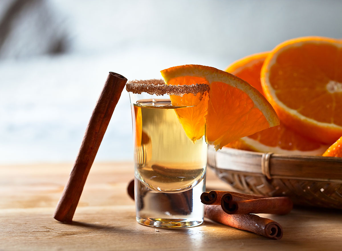 cinnamon orange flavored shot of alcohol in shot glass
