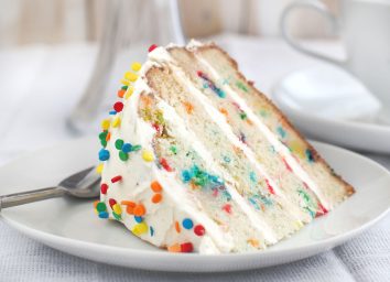 Funfetti cake slice on plate with spoon