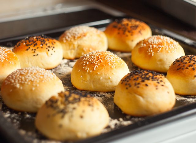 homemade burger buns on tray