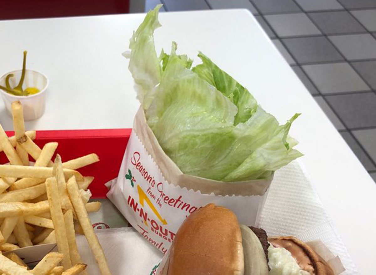In-n-out regular hamburger protein style on tray