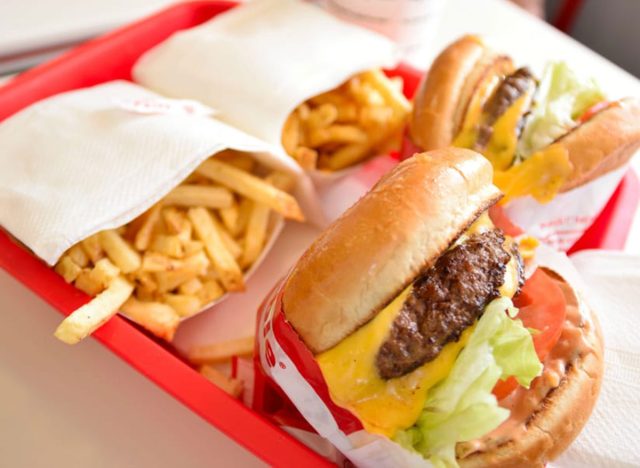 Two in-n-out burger meals on a tray