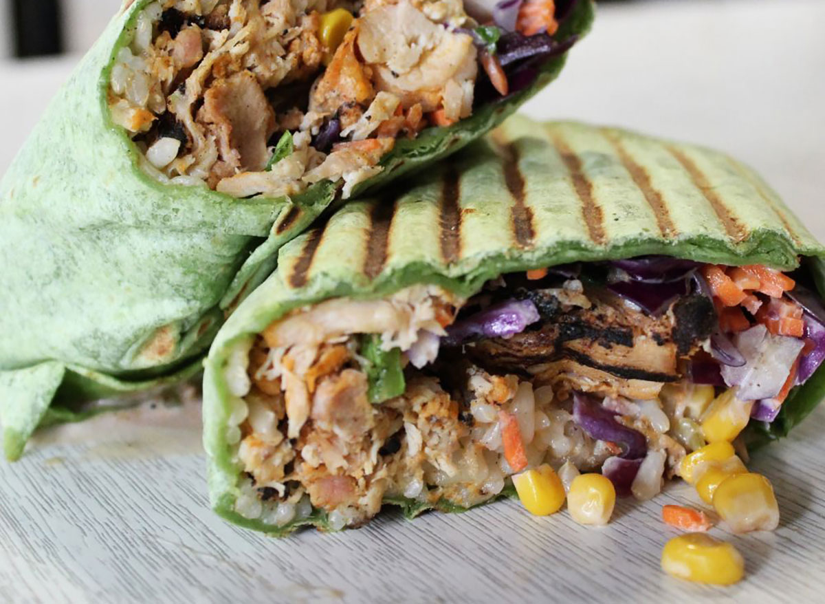 miso wrap with spinach tortilla and vegetable filling