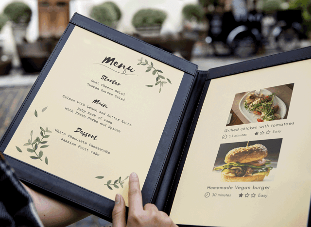 open menu with photos and description of dishes