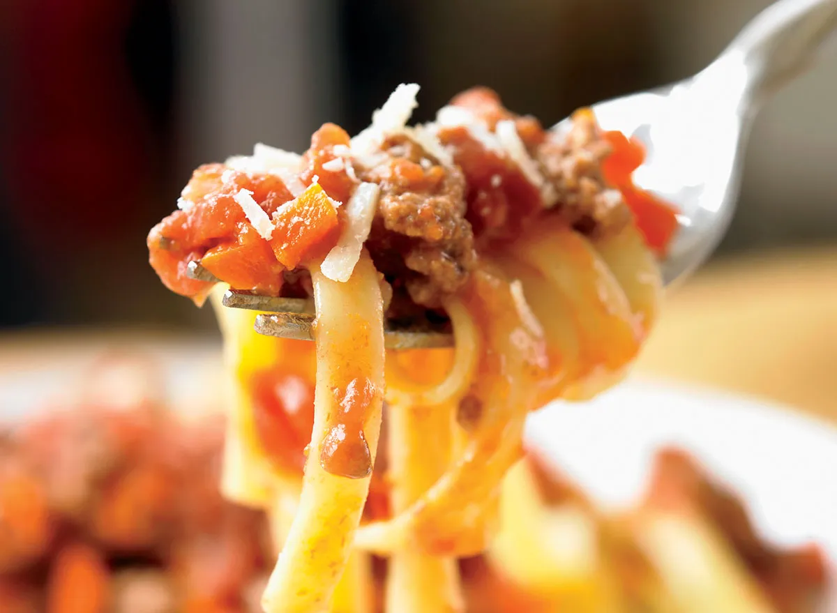 Bolognese pasta recipe on a fork