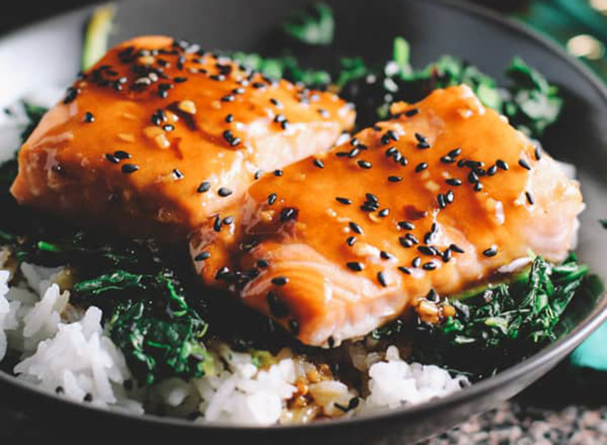 asian salmon with spinach rice bowls recipe