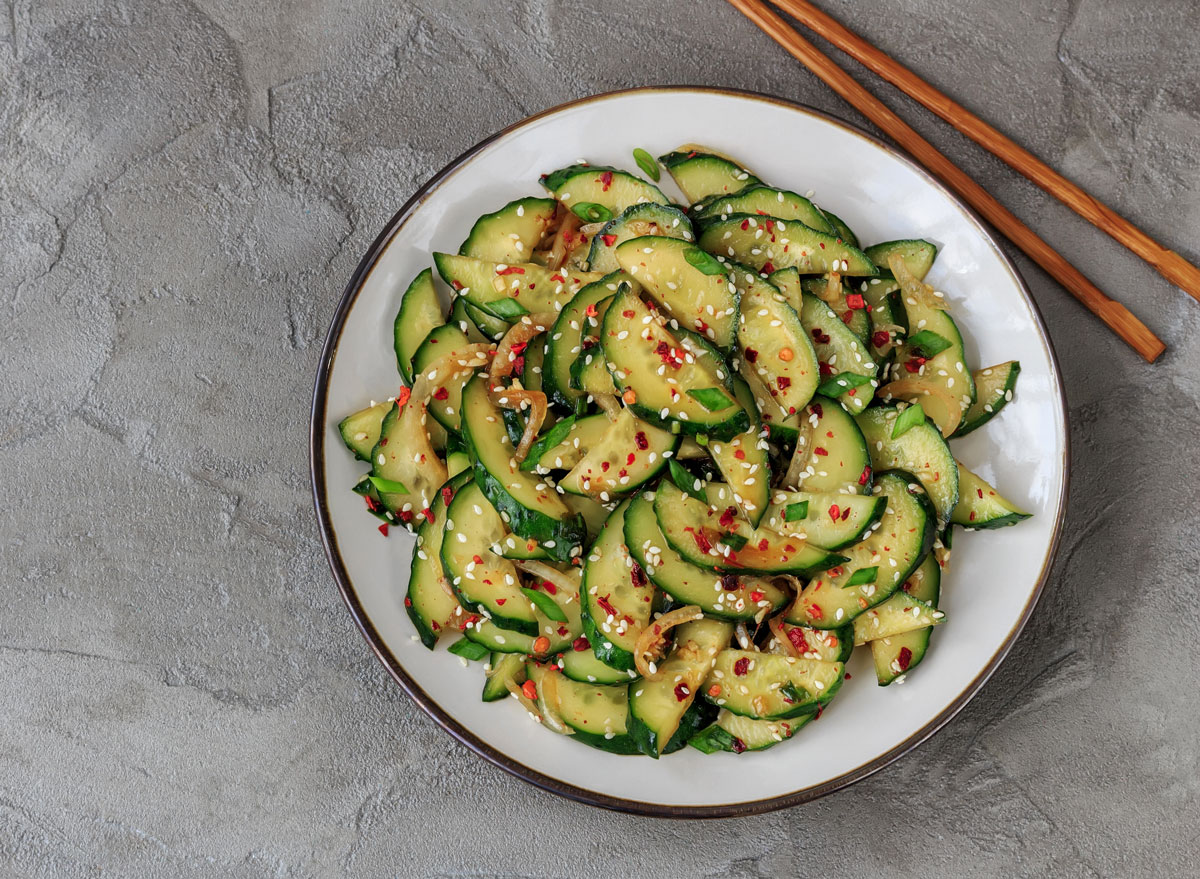 cucumber sesame oil red onion chili flakes