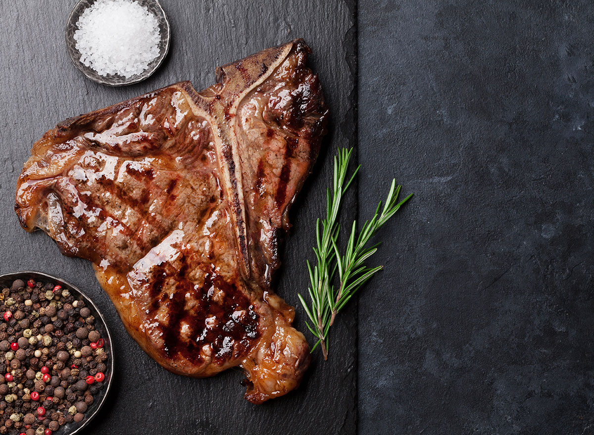 grilled T bone steak with peppercorn, sea salt, and rosemary