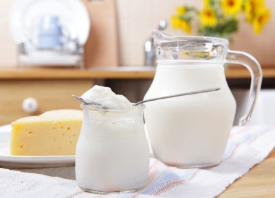 Dairy products like pitcher milk container yogurt cheese on tablecloth